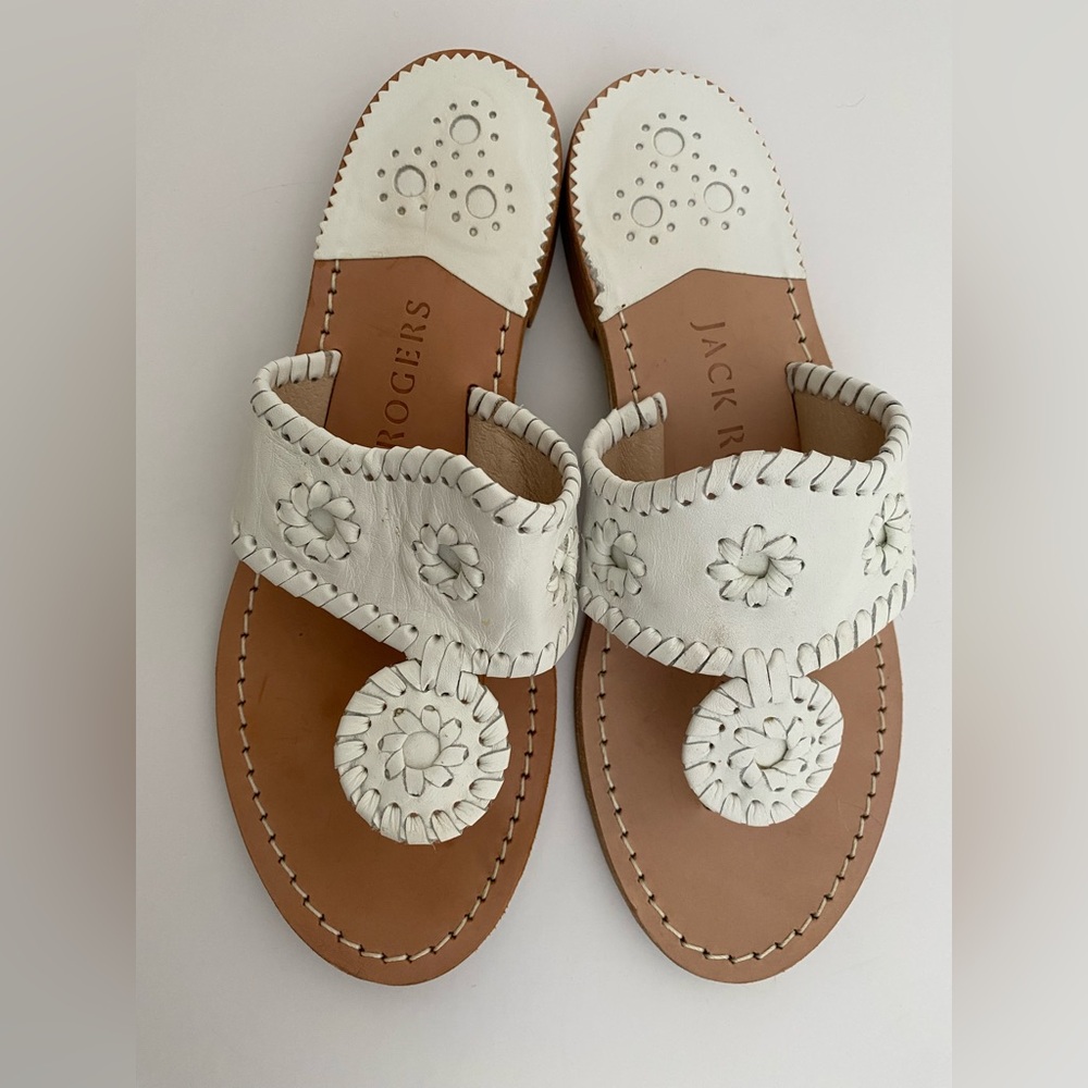 Jack Rogers Classic Jacks Whipstitched White Leather Sandals natural footbed 6.5